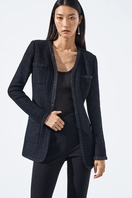 St. John Black Caviar Knit Jacket Size 6 NWT $1895 Luxe Beaded Trim Tweed Blazer
