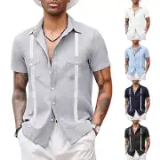 Men Long Sleeve Shirt Solid Baggy Button-down Tops T-Shirt Blouse V-Neck Lapel A