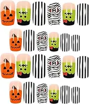 Halloween Nails Press | False Gel Nails,Mummy and Bat Design Press Nails Short Glitter Glue Nails Stick Nails for Women