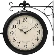 BESTIME 66276B Double Sided Metal Wall Clock with Black Frame.Dial: 10-Inch, Quiet,Easy Read,Retro Station,Antique Hanging Clocks for Garden,Home Decor,Indoor,Outdoor,Living Room.
