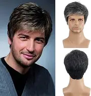 Men's Short Grey Wig, Natural Layered Synthetic Hair, Side-Swept Fringe Style