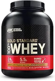 OPTIMUM NUTRITION Gold Standard 100% Whey Protein Powder, Chocolate Peanut Butter, 2.27kg - [2024/2025 plastic neck band packaging may vary]