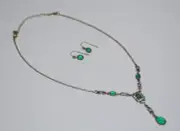 Vintage Avon Necklace & Earrings Green Stones Rhinestones Goldstone 16"-18"