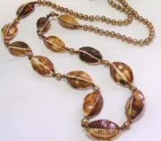 30" HAND KNOTTED COCKLE SHELL & GOLDEN BROWN PEARL BEADED NECKLACE & EARRING SET