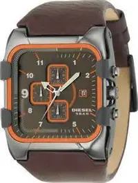 在飛比找Yahoo!奇摩拍賣優惠-[永達利鐘錶 ] DIESEL方型黑殼橘框三眼計時日期皮帶錶
