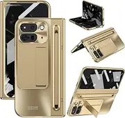 Case for Google Pixel 9 Pro Fold Bracket Stand Cover |Hinge Protection| with Stylus Pen and Built-in Screen Protector Shockproof Slim PC Phone Case for Google Pixel 9 Pro Fold - Gold
