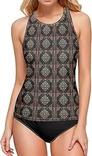 [Joisal] Tankini Swim Top, Swim Tops for Women with Built in Bra, Boho Tankini Top Plus Size, Small