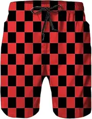 [Daozundi] Mens Swim Trunks with Mesh Lining,Quick Dry Swimsuit Board Shorts Beach Pants Swimwear Bathing Suits, Black and Red Checkers, Small