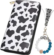 [SAFIGLE] Wallet Purse Pu Leather Card Holder Wristlet Keychain Beaded Tassel Women's Fashion Cow Pattern Wallet for Daily Use