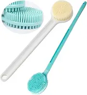 2Pcs Bath Brushes，Silicone Body Scrubber and Dry Brushing Body Brush,Double Sided Shower Brush for Shower Exfoliating,Long Handle Body Brush, Anti-Slip Back Scrubber for Shower for Men Women Adult, Shower Bath Brush