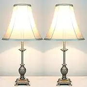 Pair of New Vintage Traditional Antique Classic Style Bronze Metal Table Bedside Lamp with Light Gold/Cream Fabric Shade Set of 2 (220)