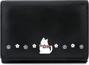 [MOMOJULI] Cute Tri-Folded Wallet Cute PU Leather Aesthetic Wallet Fashion Purse with Cash Pocket Card Slot Holder ID Window for Ladies and Women, D-Cat-Black, Minimalist