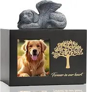 Pet Urn for Dog Ashes, Tree Pattern Wooden Black Keepsake with Photo Frame, Memory Box with Resin Animal Angel Statue and Sealed Storage Bags (75lbs)
