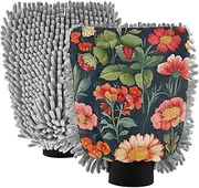 XYMZR Colorful Flower Black Absorbent Microfiber Car Wash Mitt, Funny Cute Anime Scratch Free for Cars Cleaning, Home Cleaning Mitts, 2 Pack, 10.24” L x 7.09” W