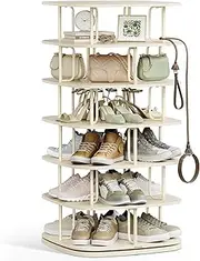 [VASAGLE] 7-Tier Shoe Rack, Rotating Shoe Rack Tower, Shoe Closet Organizer, Shoe Shelf, 28-35 Pairs, 23.6 x 23.6 x 47.2 Inches, for Entryway, Living Room, Closet, Cream White ULBS041W01