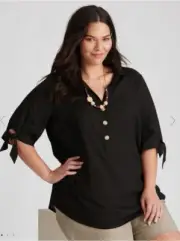 Autograph Top Shirt Tunic PLUS Size 24 Linen/Viscose Elbow Tie Sleeve Black NEW