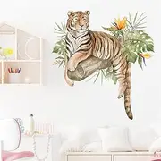 Lazy Tiger Tropical Greenery Wall Stickers, sacinora Wild Jungle Animal Wall Decals Removable Vinyl Peel and Stick for Living Room Bedroom Nursery Kids Room Art Decorations