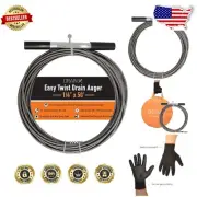 50 FT Easy Twist Drain Auger with Gloves & Bag - 1/4" Flexible Plumbing Tool