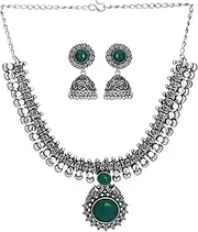 [Jwellmart] Indian Oxidized German Silver Stone Work Statement Choker Necklace Earrings Combo Fashion Jewelry Set for Women