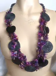 HANDMADE STATEMENT NECKLACE PURPLE FIBER ART THREAD AND BEADS NO METAL NO STONE