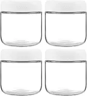 MOLADRI 4 Pack Glass Clear Storage Canister with Airtight Lid, 12oz Overnight Oats Containers, Small Cute Decorative Pantry Jar for Snacks, Yogurt, Cereal, Fruit, Salad, Spice, Sugar, Coffee - White