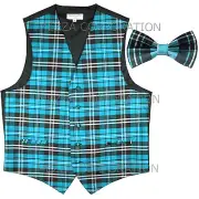 New Men's plaids checks Tuxedo Vest Waistcoat_Bowtie Turquoise Blue wedding prom