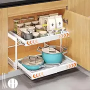 AHOMSEL 2 Tier Pull Out Cabinet Organizer, 16.9" Depth Cabinet Pull Out Shelves, Expandable 14”-20” W, Heavy-Duty Cabinet Drawers Slide Out for Kitchen Pots, Pans & Pantry Storage