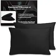 100% Waterproof Black Pillow Case Protector, Safe with Oil, Water-Based, & Silicone-Based Massage Products, Hypoallergenic, Noiseless, Machine Washable, Standard Size | Pack of Two