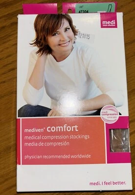 Medi Comfort Compression Stockings Thigh Top Band Closed Toe Natural Sz I. 15-20