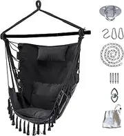 Costway Hammock Swing Chair, Hanging Rope Swing w/Detachable Steel Bars, Side Pocket, Head Pillow, 2 Cushions & Installation Kit, Macrame Hanging Chair for Bedroom, Balcony, Porch, 180kg Max Weight