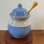 Overland Stoneware Hand Spun Speckled Pottery Honey Pot Blue White
