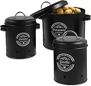 3 Pack Vegetable Tins, Metal Potato Onion Garlic Canister with Lid, Rustproof Vegetable Set, Kitchen Canisters Vegetable Keeper Containers Aerating Holes for Home (Black)
