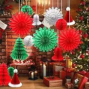 Retro Christmas Decorations Set, 16-Piece Snowflakes, Fan Paper Decorations, Hats, Trees, Honeycomb Balls, Paper Bell