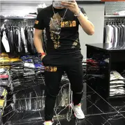 New Men Luxury Leopard Rhinestones Set Black T-Shirt & Pants High Quality Suit