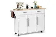 Giantex Mobile Kitchen Island Cart Storage Trolley w/Towel Bar & 2 Drawers Rubber Wood Top White