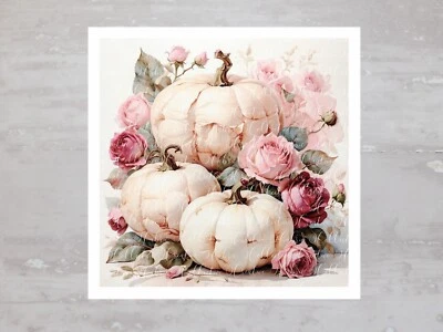Fall Shabby Chic Roses & Pumpkins Fabric Panel Craft Sewing Quilt Block A276