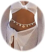 [Eyraevor] Pearls Waist Chain Shell Starfish Bikini Body Chains Summer Beach Body Jewelry for Women Boho Conch Mermaid Belly Chain, One Size, Alloy, No Gemstone