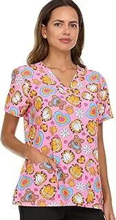 [COCO BRANDS] Garfield Women's All Over Print V-Neck Scrub Top with Pockets - Comfortable Work Uniform