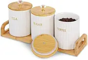 Fvstar Ceramic Storage Canister for Coffee Sugar Tea Set of 3, Kitchen Pantry Container with Bamboo Lids and Tray, White Food Storage Jars for Dining Table, Ceramic Canister Set for Cereal, Snacks