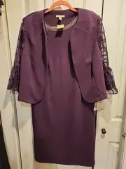 Maya Brooke 2 Piece Eggplant Dress With Jeweled Collar and Jacket Size 14W NWT