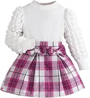 [Generic] Girl's Middle and Large Children Fall New Bubble Sleeve Top Plaid Half Body Skirt Girls Crop Sweatsuit (Pink, 8 Years)