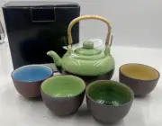 Bombay Company Tranquitity Tea Set - Green Teapot and Four Colored Teacups New