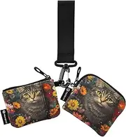 [XYMZR] Mini Zip Around Wristlet keychain Wallet Cute Cat Garden for Women Personalized Pattern Detachable Dual Pouch Wristlet Portable Wallet Phone Coin Purse, Multi-colored, One Size