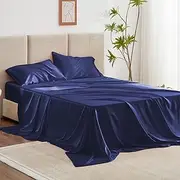 Love's cabin Satin Queen Sheets Set - 4 Piece Navy Blue Silky Bed Sheets with Deep Pocket, Luxury Silk Feel Satin Queen Size Sheet Set (1 Flat Sheet,1 Fitted Sheet,2 Pillow Cases)