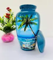 Beach Blue Cremation Urn for Human Ashes - Adult Funeral Urn Handcrafted