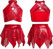 [YiZYiF] Girls Jazz Hip Hop Dance Performance Costume Tank Top With Pleated Skirt Sparkly Dancing Clothing Set