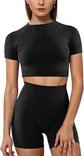 [JN JANPRINT] Gym Sets for Women 2 Piece Workout Outfits Short Sleeve Crop Top Scrunch Shorts Yoga Tracksuit Sets Activewear