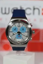 NEW Rare Swiss Swatch Irony BLAU ME ON Silicone Blue Chrono Watch 44mm YVS435
