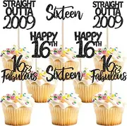 24 Pack Straight Outta 2007 Cupcake Toppers Glitter Sixteen Happy 16th Cupcake Picks Cheers to 16 Years Birthday Cake Decorations for Happy 16th Birthday Anniversary Party Supplies Black