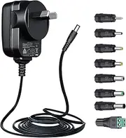 12V 1A/1000mA 1.5M Long Power Supply Adapter, 12W Adaptor AC to DC Adapter Cord with 8 Interchangeable Tips for LED Strip Lights, Keyboard, BT Speaker, Router, Monitor,Webcam, CCTV Camera, SAA Listed
